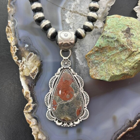 Sterling Silver Southwestern Style Teardrop Peanut Obsidian Pendant For Women - Picture 2 of 10